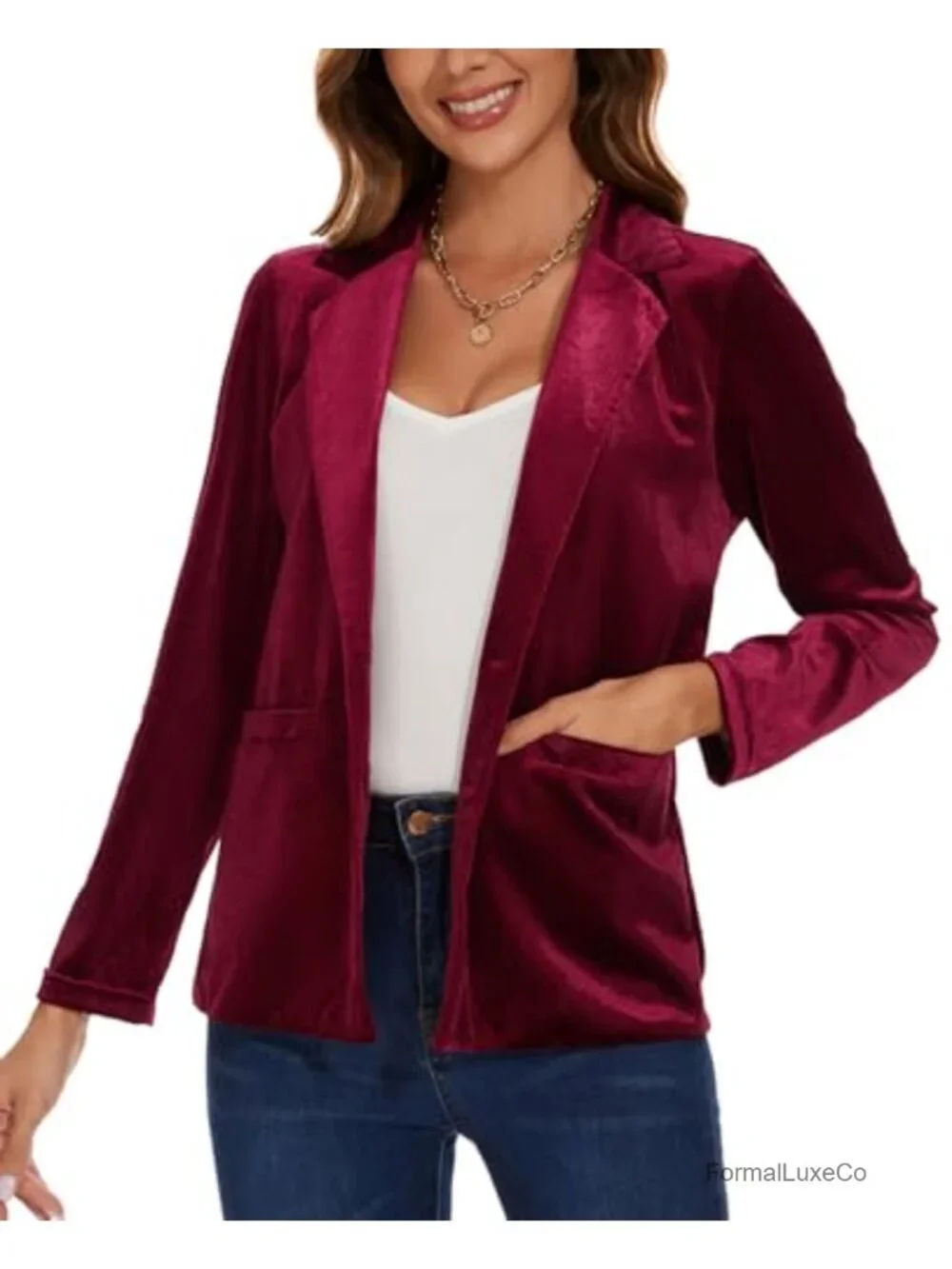 Women's Velvet Blazer Jacket Long Sleeve Button Pockets Office Work Tailored